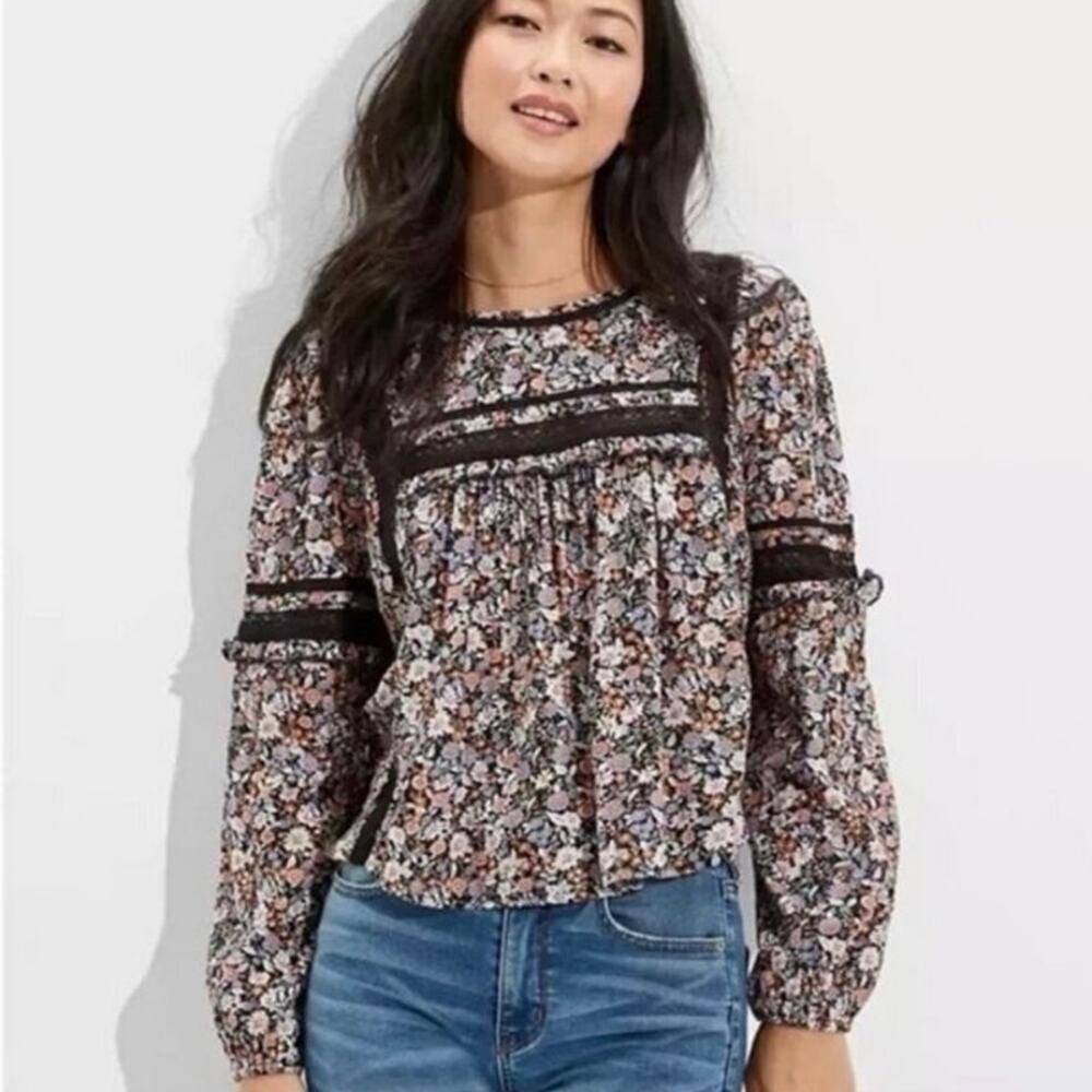 American Eagle Black Floral Lace Boho Peasant Babydoll Blouse Women’s XS